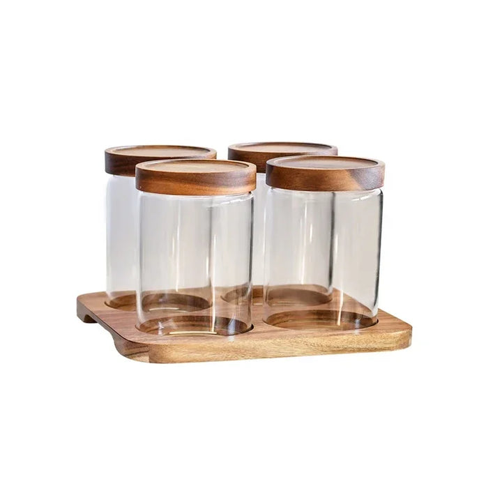 Wood Lid Orgnizer Glass Airtight Canister Kitchen Storage Bottles Jar Sealed Food Container Dispenser with Base Set