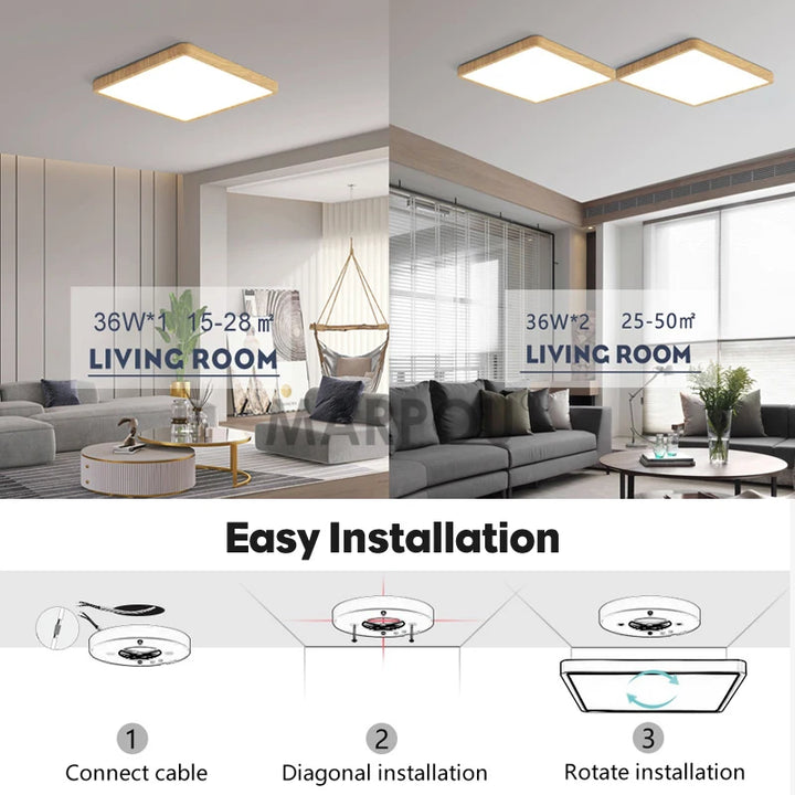 Ultra-Thin LED Ceiling Light - Square Design with Wood Finish smarT HOME