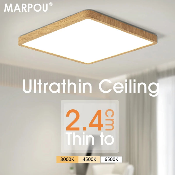 Ultra-Thin LED Ceiling Light - Square Design with Wood Finish smarT HOME