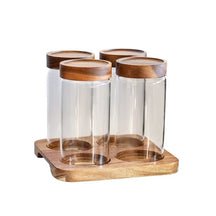 Wood Lid Orgnizer Glass Airtight Canister Kitchen Storage Bottles Jar Sealed Food Container Dispenser with Base Set