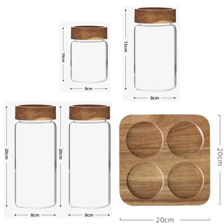 Wood Lid Orgnizer Glass Airtight Canister Kitchen Storage Bottles Jar Sealed Food Container Dispenser with Base Set