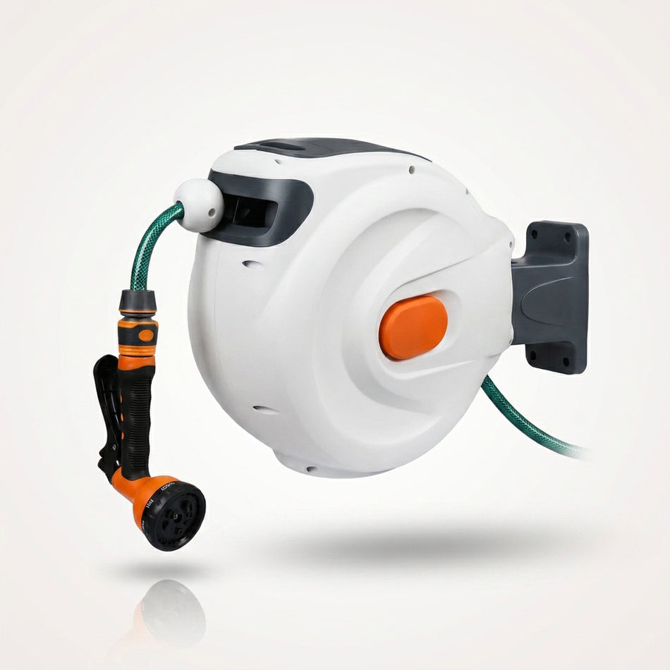 Retractable Garden Hose Reel 65FT (20M) – Wall Mounted, Auto Rewind, 180° Swivel + Spray Nozzle