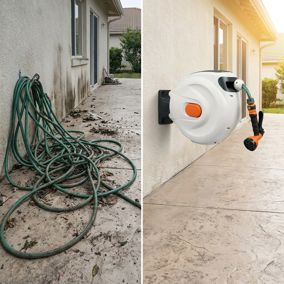 Retractable Garden Hose Reel 65FT (20M) – Wall Mounted, Auto Rewind, 180° Swivel + Spray Nozzle